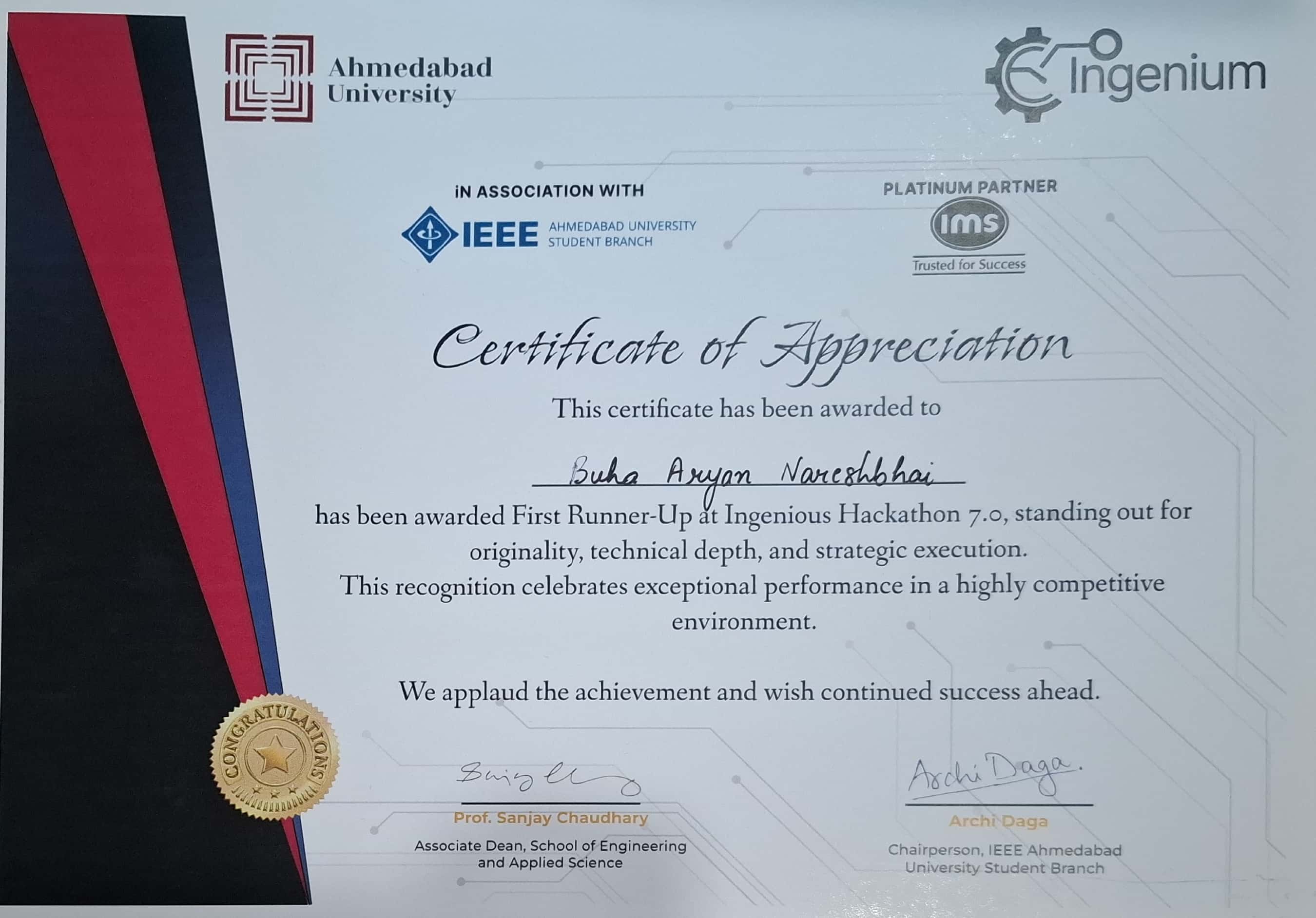 Ingenious Hackathon Certificate